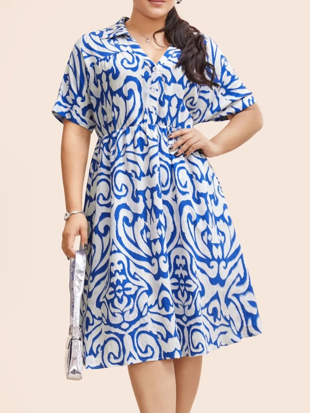 BloomChic Blue and White Printed Midi Dress Button Detail Size 14/16 NWT